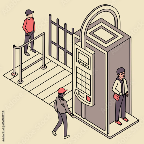 Modern Public Transportation Access Control System Isometric Illustration of a Secure and Efficient Entrance Gate with Passengers Using Smart Cards or Mobile Tickets