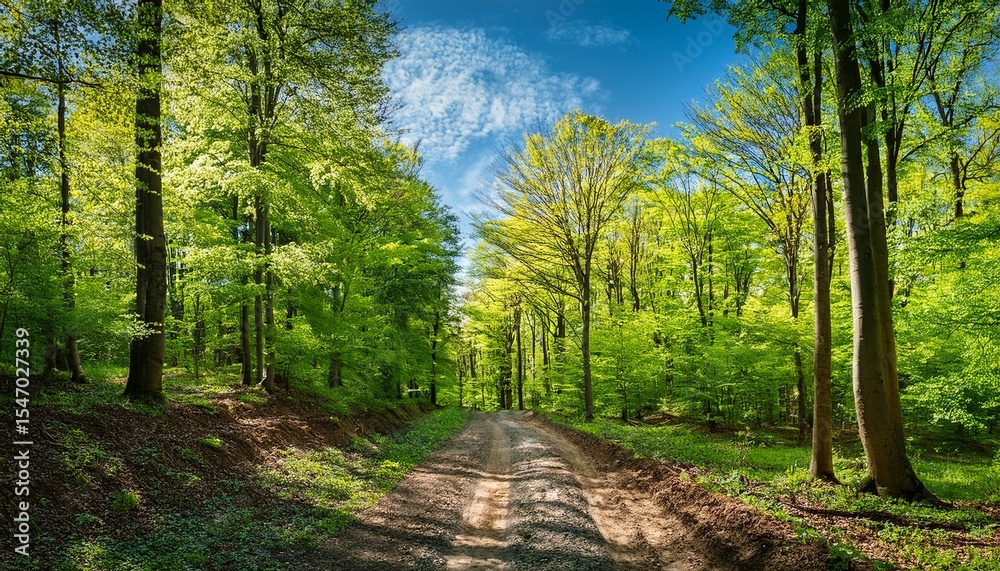 Obraz premium dirt road through beech woods tall trees with green lush canopy beneath a blue sky with clouds renewable resource of ukraine nature scenery with forest cut ahead in spring afternoon light