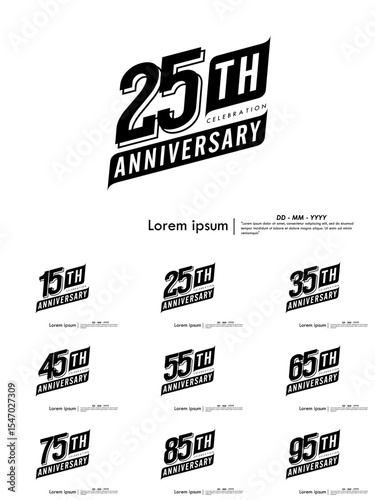 Set of 15-95th years anniversary celebration emblem. congratulations anniversary black logo badge isolated with ribbons on white background. vector illustration template design for web banner