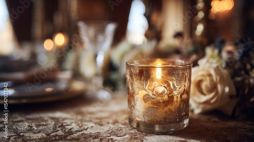 Lit candle on table setting with floral arrangement and soft lighting