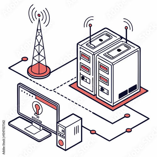 Network Infrastructure  Isometric Illustration of Server, Computer, Antenna, and Data Transmission