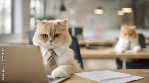 A cat with a focused expression sits at an office desk with a laptop, conveying a humorous take on concentration, professionalism, and the challenges of staying productive in a demanding environment.