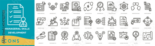 Managerial Skills Development icon set. Leadership Training Module, Decision Making Toolkit, Team Management Dashboard, Strategic Planning Guide, Conflict Resolution Flow and Time Management Clock