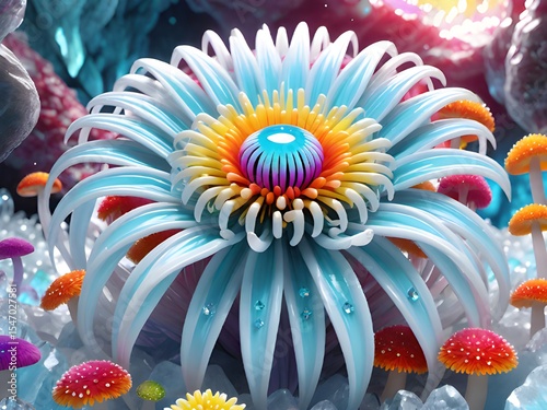 digital illustration of an alien flower with colorful crystals