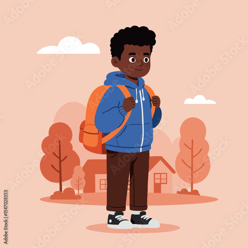 Young boy with backpack standing outdoors in autumn season vector illustration 