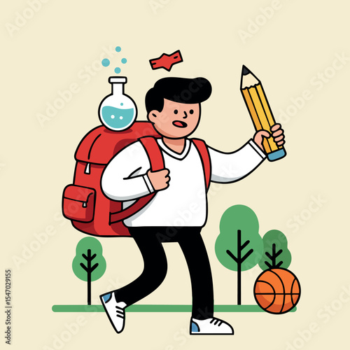Student carrying backpack with pencil and science flask walking outdoors with basketball and trees 