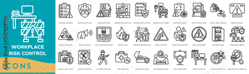 Workplace Risk Control icon set. Hazard Risk Assessment, Protective Safety Gear, Incident Report Form, Emergency Evacuation Plan, Compliance Safety Checklist and Workplace Safety Barrier