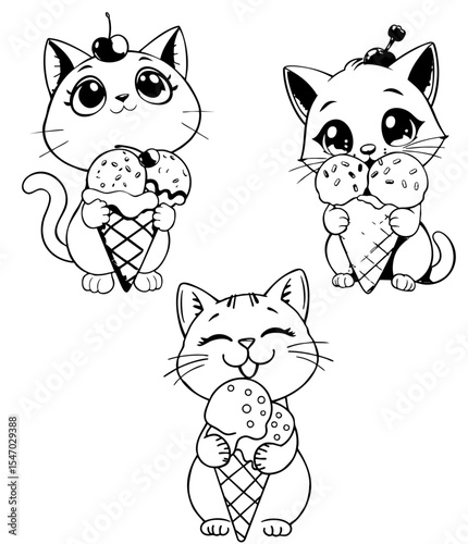 Set of cartoon kittens with dessert. Kawaii animal characters line art for coloring.