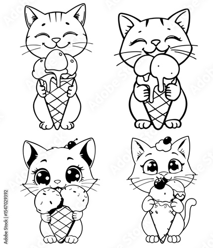 Cute cat eating ice cream. Coloring book page set. Black and white vector illustration for kids.