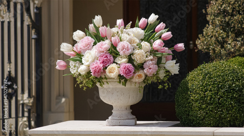 Elegant English garden bouquets in vintage vases, adorned with peonies, tulips and roses and other flowers, displayed in manor garden with dappled light and timeless floral grace