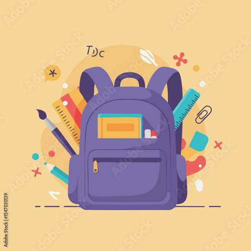 Purple school backpack with colorful stationery items vector illustration for education and learning 