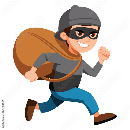 Smiling thief running with bag vector. Playful robber character in modern cartoon style.