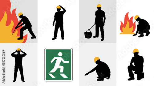 Fire Safety Pictograms Worker Silhouettes in Various Emergency Situations and Exit Signage Depiction