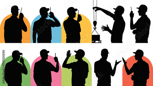 Silhouettes of Construction Workers with Radio, Crane, and Hand Signals on Colorful Backgrounds