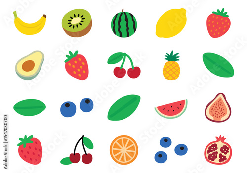 Collection of colorful fruit icons isolated on white background