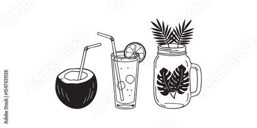 Clean summer drink silhouette set with coconut and straw, tall lemonade glass, and mason jar with leaves