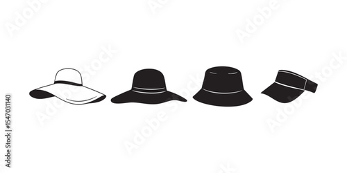 Silhouette collection of summer hats including wide brim sun hat, bucket hat, and visor cap in bold style
