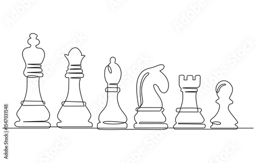Continuous one line drawing of pawn, knight, king, queen,rook, bishop. simple chess pieces line art vector illustration.