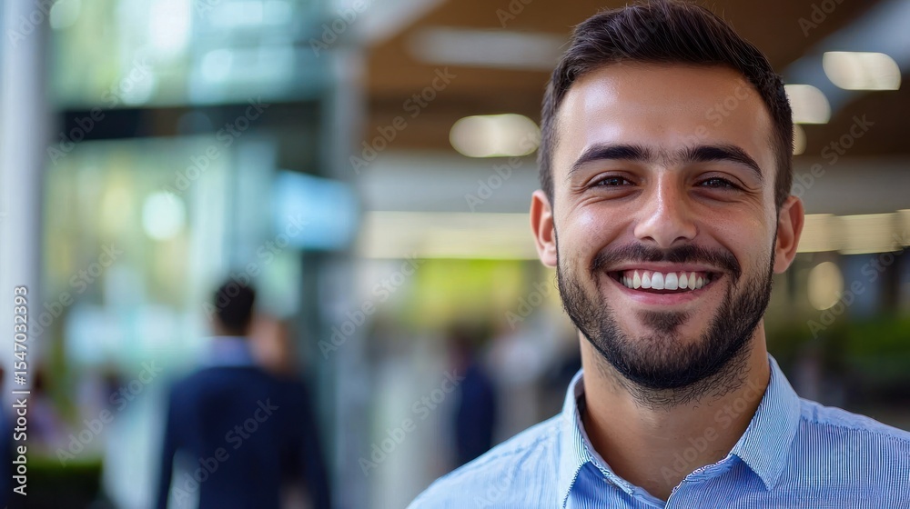 Obraz premium A young man with a beard smiling in an office building.