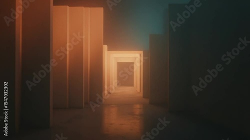 Illuminated Corridor with Repeating Doorways in Abstract Architecture