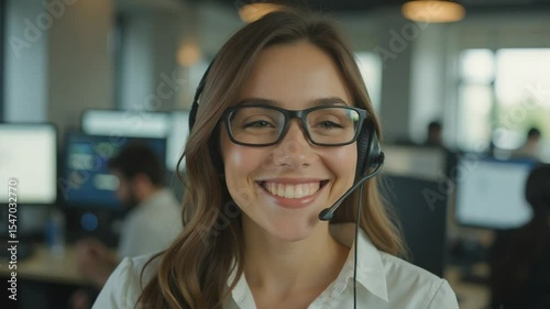 Smiling Woman Wearing Headset in Office Environment