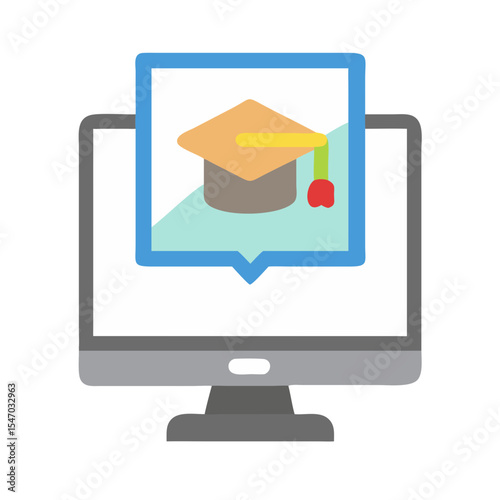 Online education icon with graduation cap on computer screen