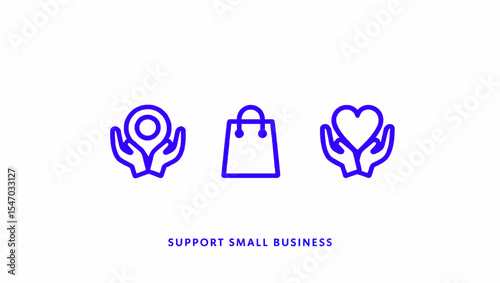 Icons of location pin, shopping bag, and heart held in hands in blue outline on transparent background , no background