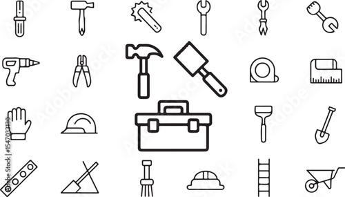 Complete monochrome vector set of tools and equipment for construction and DIY projects