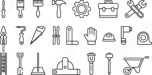 Shadow-style builder tools and gear icon vector bundle in monochrome