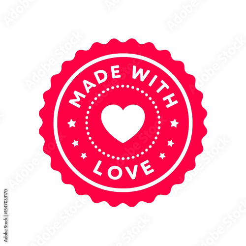 Red scalloped circle with white heart and made with love text inside it on transparent background , no background