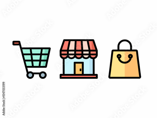 a shopping cart, store front, and a shopping bag icon on transparent background , no background