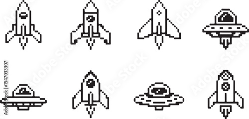 Rockets and UFOs Pixel Collection with Bold Header Text for Retro Games