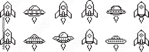 Collection of Pixel Art Rockets and UFO Variants in Retro Arcade Style
