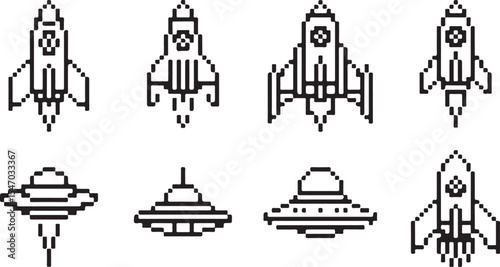  Pixel Icon Collection of Rockets and UFOs for Games and Design Projects
