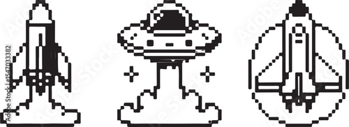 Retro Pixel Rocket and UFO Launching Illustration with Thrust Effects