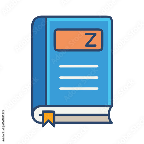 Stylized blue book with bookmark illustration against dark background