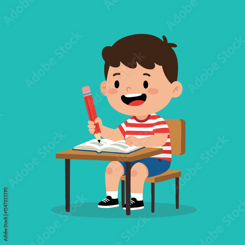 Boy Sitting at Desk Writing in Book with Red Pencil Educational Activity Illustration 