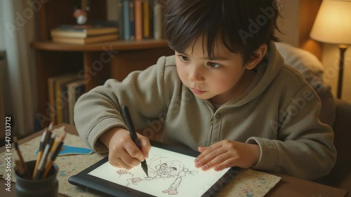 Child Drawing with Stylus on Digital Tablet at Home