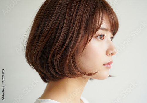 ふんわりとした茶髪の内巻きボブの横顔の女性