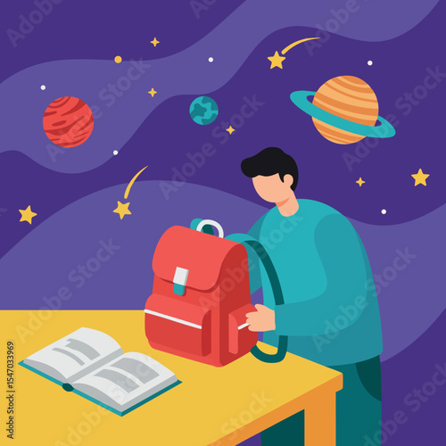 Student packing backpack with open book and planets in night sky educational vector illustration 