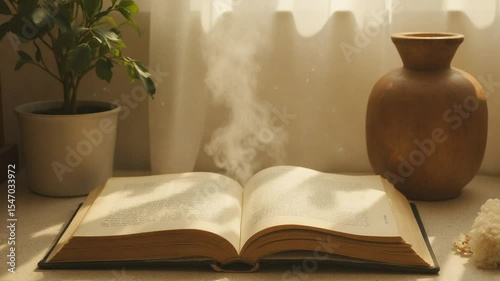 Book Emitting Smoke with Plant and Vase Still Life