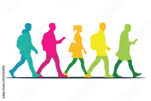 Colorful Silhouettes of Walking People on Transparent Background Students, Commuters, Diversity