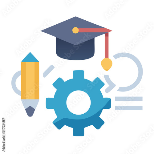 Flat design illustration depicting learning process with education symbols