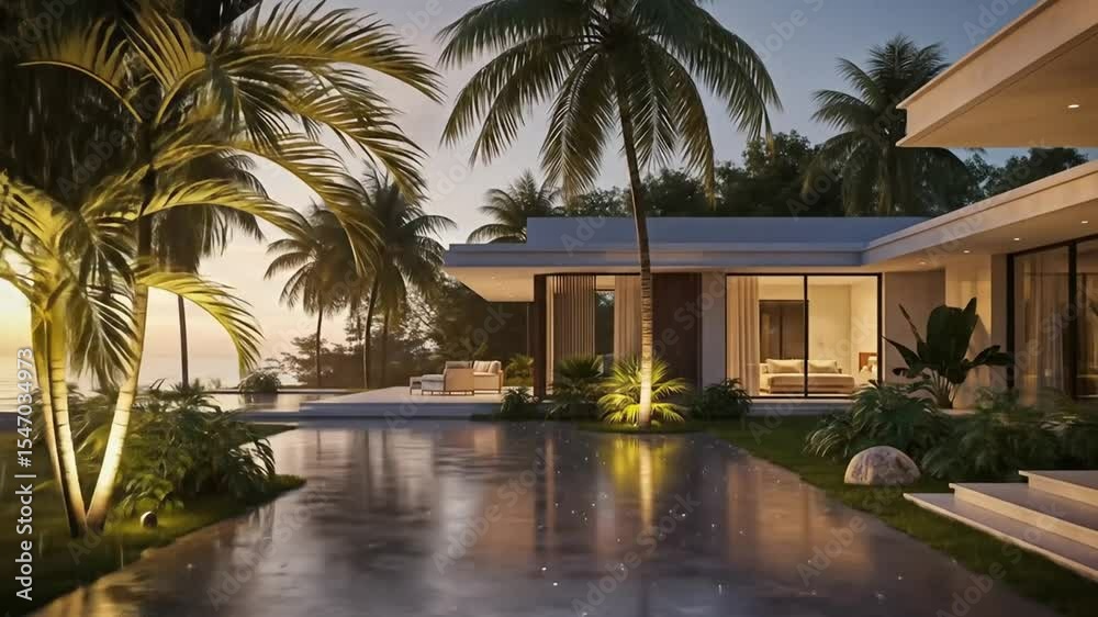 Luxurious modern house with illuminated pool and tropical palm trees at ...