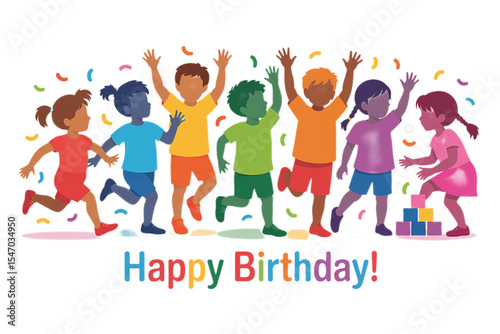 Happy Birthday Celebration Cartoon Children Running and Playing with Building Blocks on Transparent Background