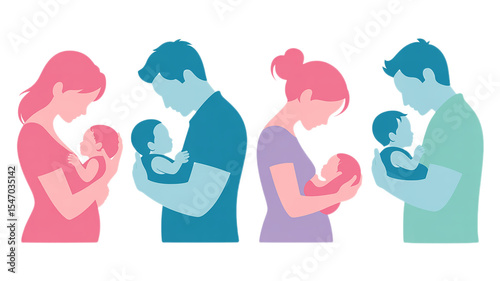 Parents Holding Babies Silhouettes on Transparent Background Mother and Father Embracing Infant Children