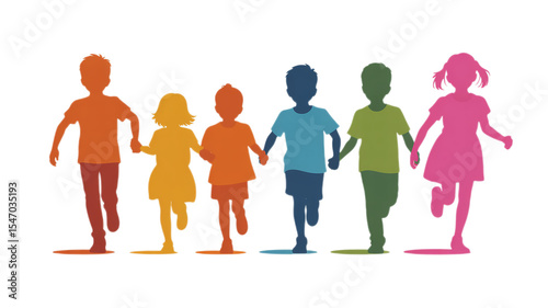 Silhouette of MultiColored Children Holding Hands and Running Together on Transparent Background