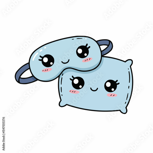 Kawaii-style illustration of a cute blue pillow and matching sleep mask 