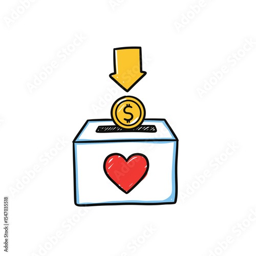 Donation Box with Heart Symbol and Coin Illustration, Charity and Financial Support Conceptual Doodle, Hand Drawn Style for Adobe Stock