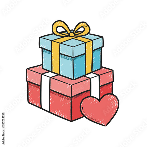 Hand Drawn Stack of Gifts with Heart for Celebrations - Cute and Festive Illustration for Birthdays, Valentine's Day, and Special Occasions 